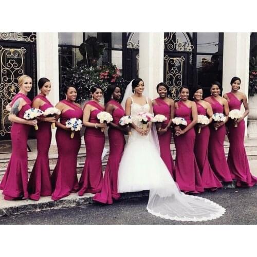 Elegant Long Satin Mermaid Bridesmaid Dresses Custom Made Fuchsia One Shoulder Formal Wedding Party Dresses