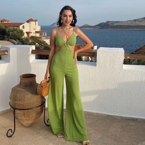 Solid Color Hollow Back High Waist Jumpsuit Women 2021 Summer New Style Suspenders Wrapped Chest Wooden Ear Trousers Women