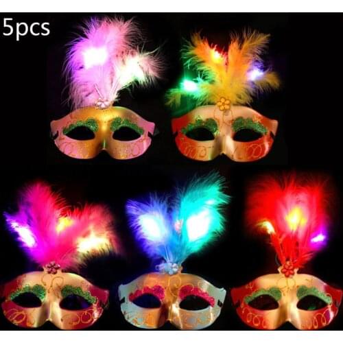 5Pcs/Set Halloween LED Light Up Feather Mask Gold Shining Plated Masquerade Mardi Gras Glow in the Dark Party Favors