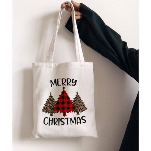 New Fashion Women Shopping Bag Ladies Canvas Plaid Merry Christmas Printed Shopping Bags Totes Girls School Bag