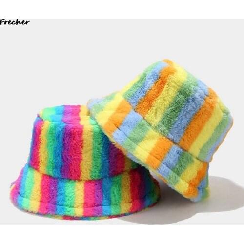 2021 New Plush Faux Rabbit Fur Bucket Hat Rainbow Stripes Warm Fisherman Cap Men Hats for Women Panama Gorro Casquette Muts Caps