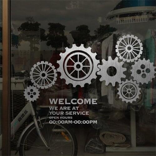Personality Mechanical Gear Poster Welocome Sign Working Time Wall Stickers Shop Window Wall Decals Glass Door Decor Sticker