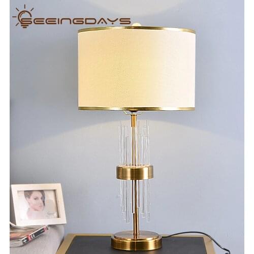 Buy 2 get 15% Off Clear Crystal Glass Stick Table Lamps For Bedroom Living Room Bedside Lamp Golden Lampshade EU Plug 110v 220v