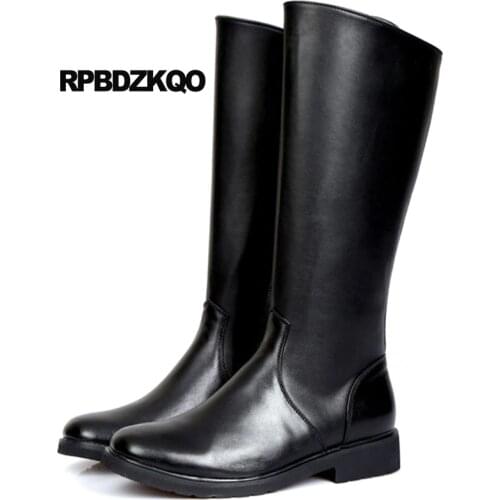 Riding Mid Calf High Quality Real Fur Boots Chunky Men Plus Size Winter Black Military Sheepskin Shoes Combat Full Grain Army