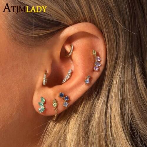 100% 925 Sterling Silver 18K Gold Plated Colorful Rainbow CZ Round Tear Drop Stone Paved Multi Piercing 925 Girl Women Earrings