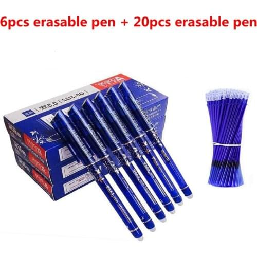 6+20PCS/Set Transparent Rods Thermal Erasable Pen Refill 0.5mm Blue Black Washable Handle Pens School Stationery Writing Tool