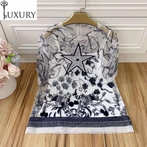 Spring Fashion Blouse 2020 Summer Shirt Women O-Neck Allover Luxurious Star Embroidery Short Sleeve White Dark Blue Tops