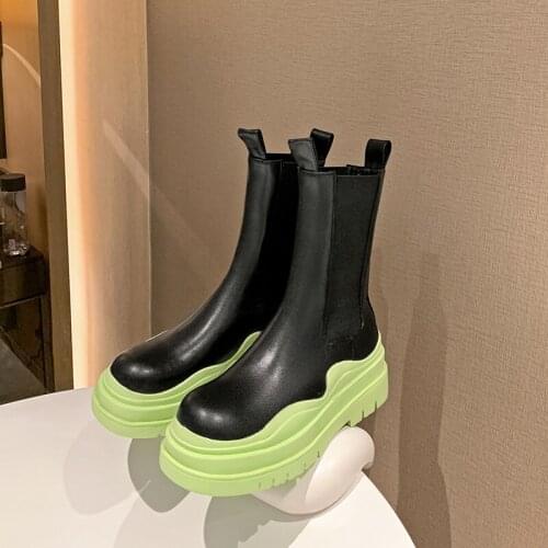 MEZEREON Thick Bottom Cow Leather Ankle Boots Round Toe High Street Platform Shoes All-Match Modern Smoke Boots For Women
