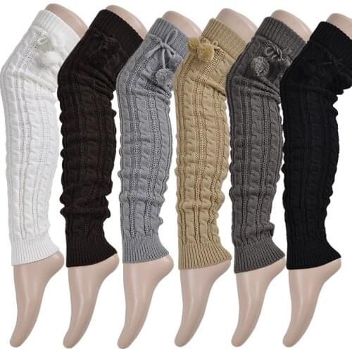 Womens Winter Knitting Twist Lengthened Over-the-knee Ball Wool Warm Boots Pile Socks Furry Leg Warmers Japanese
