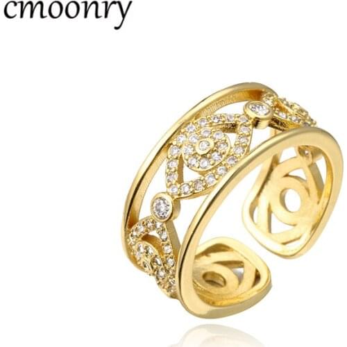 Cmoonry Gold Color Hollow Design Evil Eye Charm Ring For Women Girl Luxury Cubic Zircon Party Jewelry Birthday Gift Adjustable