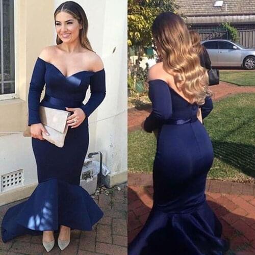 2016 New Navy Blue Sexy Plus Size Meramid Evening Dresses Robe de soiree Backless Off Shoulders Long Sleeves High Low Prom Gowns
