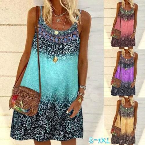 2021 New Bohemian Dress Women Casual Printed Y2k Sleeveless Sling Dresses Ladies A-Line Plus Size Beach Holiday Mini Vestidos