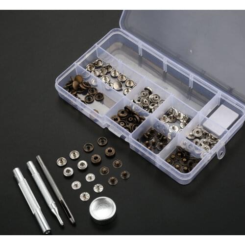 40 Sets Copper 10mm Snap Fastener Buttons with 4Pcs 655# 2.5mm Punch Tools Base Plate for DIY Sewing Leather Jackets Bags Crafts