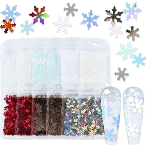 6 Pcs 3D Snowflakes Flakes Set For Nail Art Decorations Snow Flake Glitter Sequins Nail Charms Winter Manicure Supplies RK390105