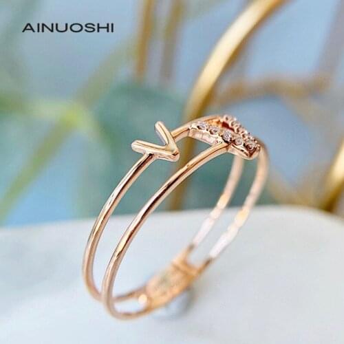 AINUOSHI Engagement Ring Rose Gold 0.13ct Carat Round Letter V Real Diamond Anniversary Fashion Ring for Women Love Witness