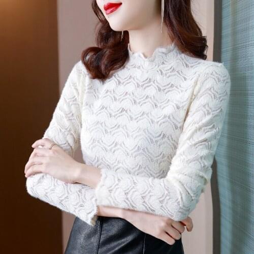 Fashion Woman Blouses 2021 Vintage Lace Hollow Out Tops for Women Stand Neck Clothing Women Long Sleeve Top Female Basic Blouse