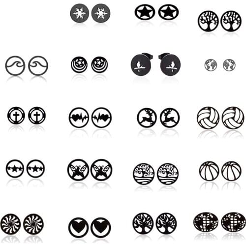 Black Love Heart Star Sea Wave Tree Word Map Football Cross Heartbeat Circle Geometric Stud Earrings Stainless Steel Jewelry