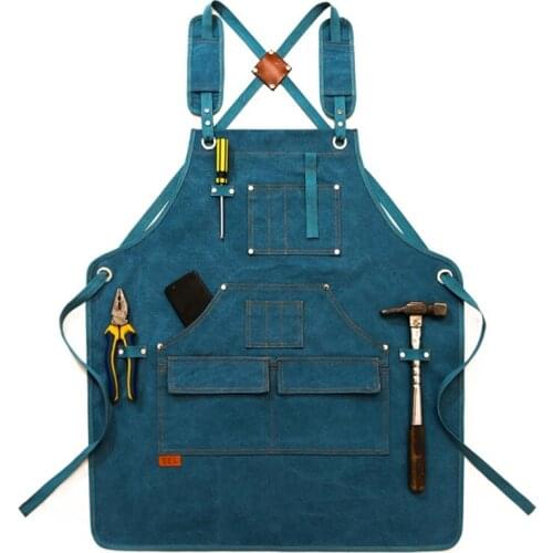 W3JE Men Women Canvas Denim Work Apron Adjustable Cross Back Straps Chef Aprons with Multi Pockets for Kitchen Cooking BBQ Shop