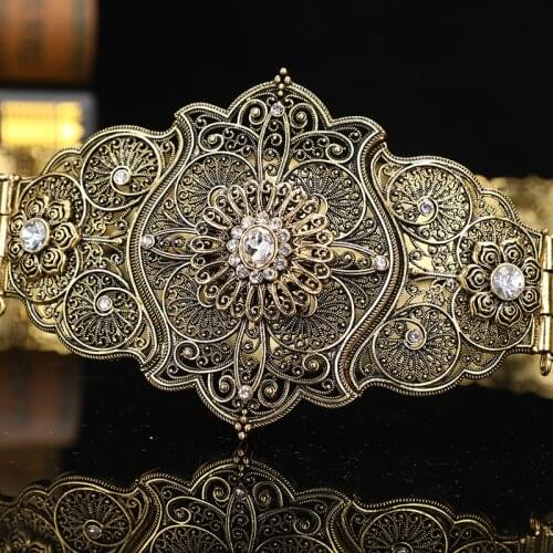 Caucasus Caftan Dress Wedding Metal belt for Women Flower Waist Chain Crystal Retro Gold Silver Color Jewelry