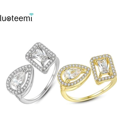 LUOTEEMI Chic Heart&Square Resizeable Rings for Women Party Engagement with Shiny CZ Double Color Open Ring Fashion Jewelry Gift