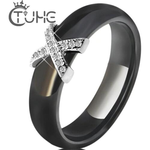 Black White Ceramic Women' s Ring With AAA Crystal 6mm Rings For Women Men Plus Big Size 10 11 12 Fashion Jewelry Trendy 2021