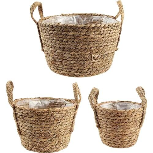 Flower Basket With Handle Flower Pot Crafts Decor Straw Storage Basket Hand-Woven Green Desktop Storage Flower Basket Hanging