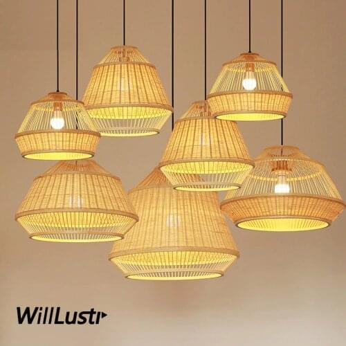 Patchwork Bamboo Pendant Light Hand Knitted Wood Suspension Lamp Restaurant Hotel Cafe Dining Room Bedroom Zen Hanging Lighting