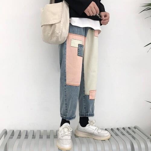 2021 Mens Wide Leg Pants Patch Baggy Homme Casual Pants Cargo Pocket Jeans Biker Denim Blue Color Trousers Size S-2XL