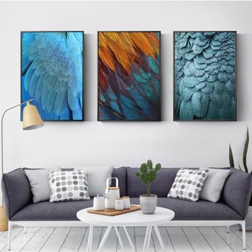 Green and Blue Feather Wall Art 3 Panels Cuadros Living Room Decoration Canvas Painting Home Decor Items Canvas Prints Posters