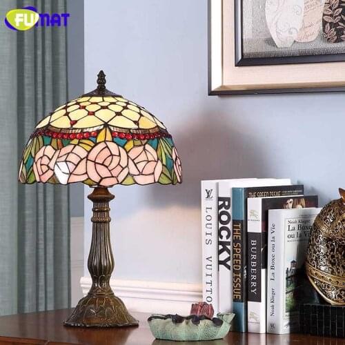 FUMAT Stained Glass Table Lamps Glass desk lamp European-Style Roses Decorative Lights Bar Hotel Bedside Light Fixtures