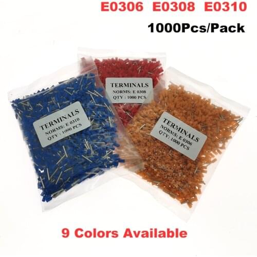1000Pcs Tube Crimp Terminals Insulated Cord End Electrical Wire Connector E0306 E0308 E0310 Copper Cable Ferrules VE 0.34mm²