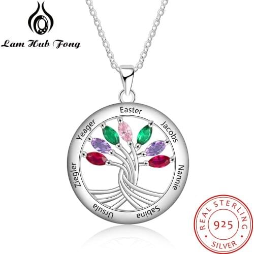 Personalized Family Tree Pendant Necklaces with 7 Birthstones 925 Sterling Silver Engraved Name Necklaces (Lam Hub Fong)