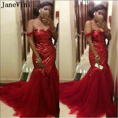 JaneVini African Sequined Mermaid Prom Dresses Long Plus Size 2020 Mermaid Party Off Shoulder Evening Dress Dark Red Formal Gown