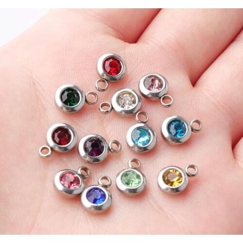 12piece/lot Stainless Steel Crystal Pendant Rose Gold Color 12 Birthstone Charm Round 6mm 6.5mm Rhinestones Charms