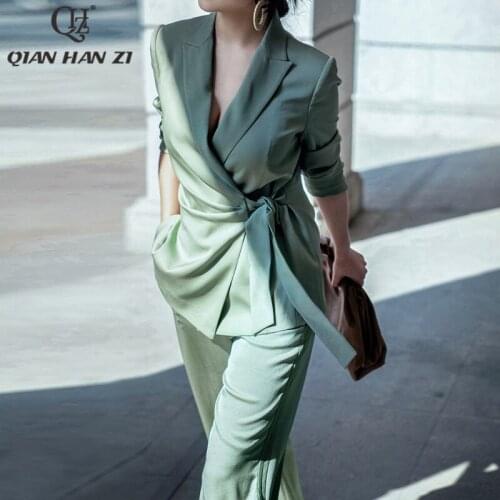 Qian Han Zi 2021 spring autumn fruit green temperament wide-leg pants professional suit high-level sense acetate casual set wome