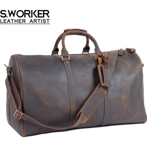 S.WORKER Large Capacity Vintage Genuine Leather Travel Bag Full-grain Cowhide Leather Duffel Bag Weekender Bag Gym Bag For Men