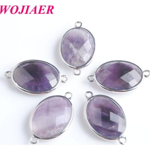 WOJIAER Silver-color Double Hole Oval Faceted Natural Stone Gem Beads for DIY Earring Connector Handcrafted Jewelry PBZ902
