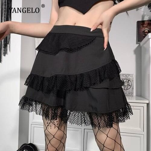 Mall Goth Ruffled Black Skirt Harajuku Sexy High Waist Mini Skirts Punk Dark Academia Elastic Waist A Line Girls Skirts