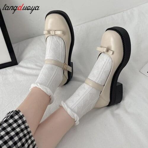 White shoes platform Women small leather Japanese Mary Jane shoes jk thick square toe vintage College Student shoes heels Women