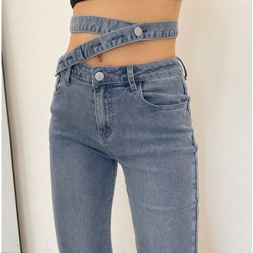 Unique Belts Split Flare Jeans Women High Waist Long Denim Trousers Elegant Casual Ladies Clothes Urban Street Style Sweetwear