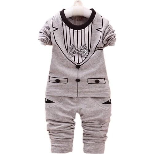 2016 boys spring two fake clothing sets kids boys button letter bow suit sets children jacket + pants 2 pcs clothing set