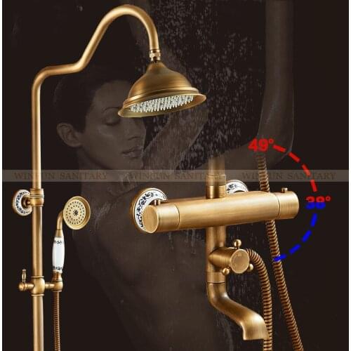 Vidric Shower Faucets Wall Mounted Thermostatic Shower Mixer Tap Antique Brass Dual Handle With Slide Bar Shower For Bathroom