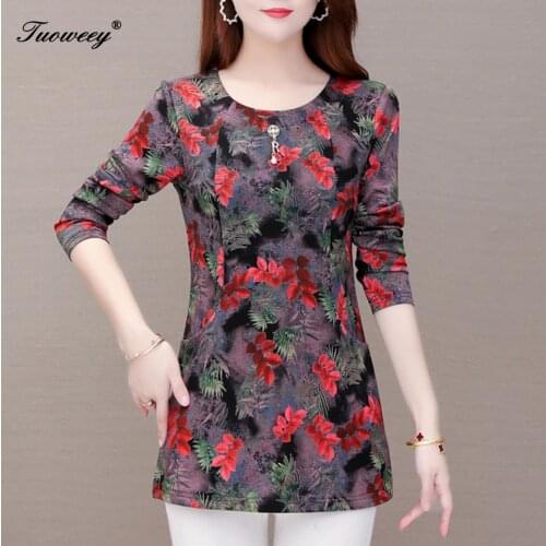 5XL plus size women Tops long sleeve O-neck womens spring blouses 2020 print women floral femme womens tops and blouses
