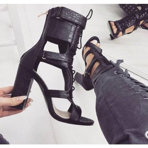 Dipsloot Sexy Woman Sheep Pattern Chunky Heels Sandals Fashion Rome Cuts Out Lace Up Zipper Back High Heel Sandals Shoes Lady