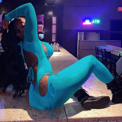 Sexy Backless Hollow Out Bandage Jumpsuits For Women Vest Set 2021 Long Sleeve Lace Up Bodysuit Black Blue Solid Skinny Overalls