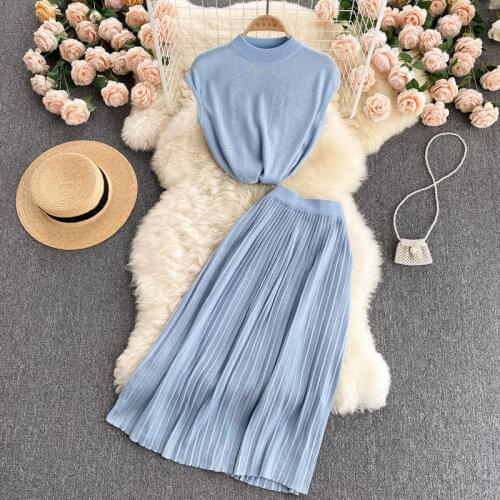 Ladies Temperament Suit Korean Summer Elegant Knitted Short Sleeve Tops Versatile High Waist Skirts Two Piece Trend Set zh1672