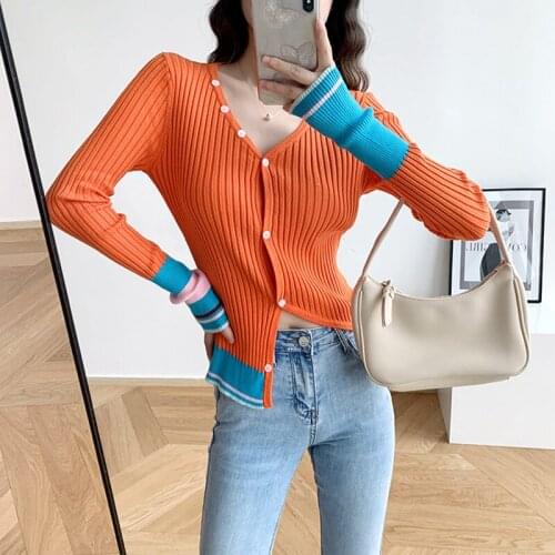 2021 Fall New Contrast Color Knitted Slim Chic Cardigan Women Stitching Irregular Sexy V-neck Long Sleeve Top Sweater