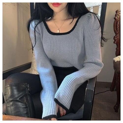 Women Sweaters Knitted Tops Autumn Winter Korean Fashion Contrast O-neck Pullover Base Knitwear Basepull Femme Blusas Ropa Mujer