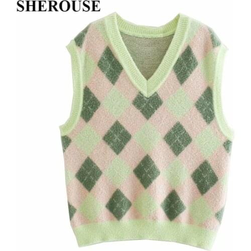 SHEROUSE Women Fashion Knitted Argyle Tank Top Sleeveless V-Neck Vintage Female Sweater Vest Chic Tops