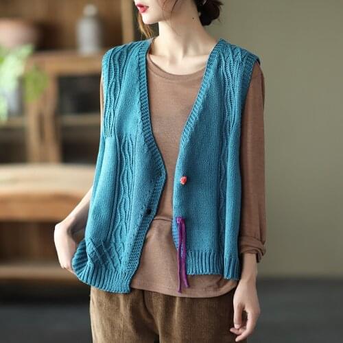 Johnature Women Knitted Vest Cardigan V-Neck Sleeveless Solid Color Loose Sweater 2021 Autumn New Button Comfortable Cardigan